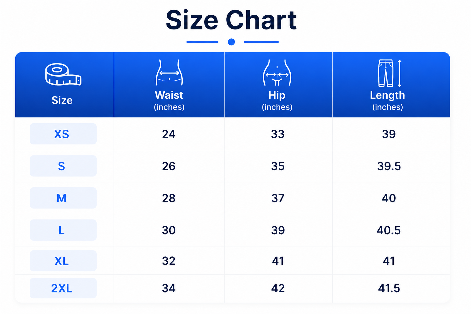 Size chart for Classic Flare Jean Pant
