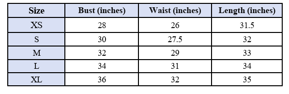 Size chart for Candy Wave Mini Dress
