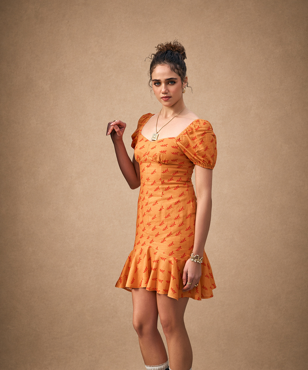 Orange Colour with Red Floral printed Sheath Dress