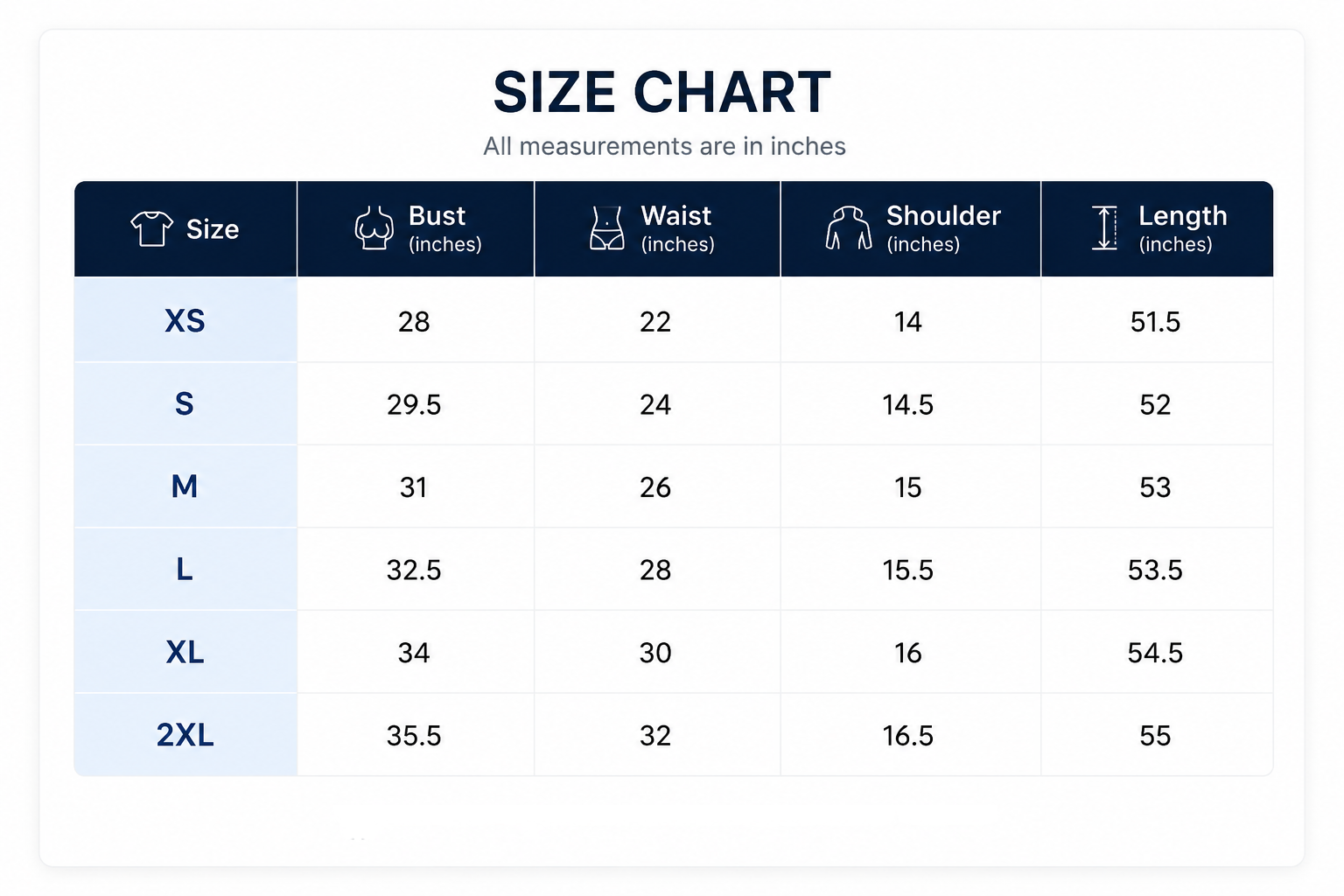 Size chart for ONYX RUCHED MIDI DRESS