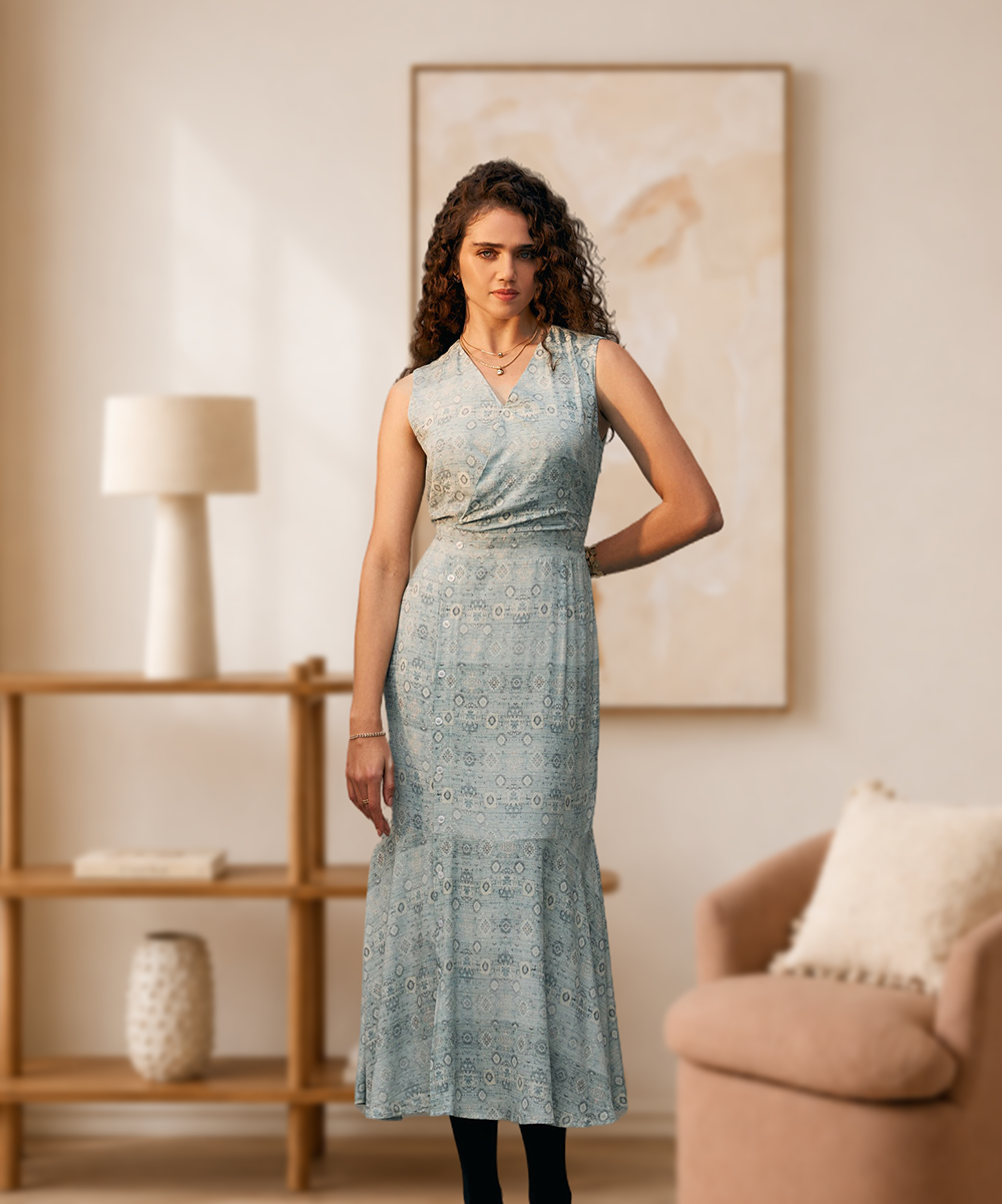 Light Blue Geometric Printed V-Neck Calf length Dress