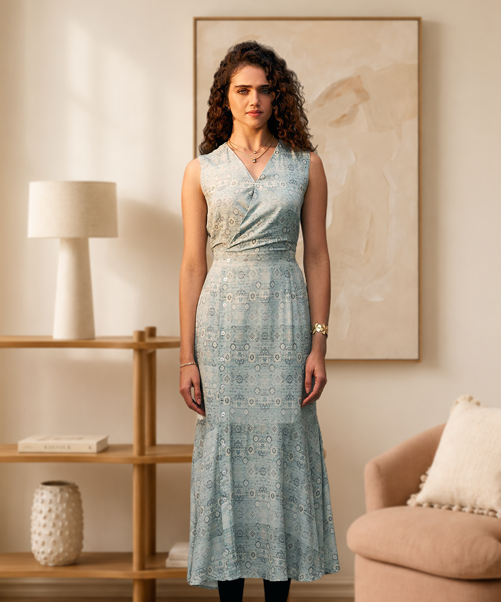 Light Blue Geometric Printed V-Neck Calf length Dress