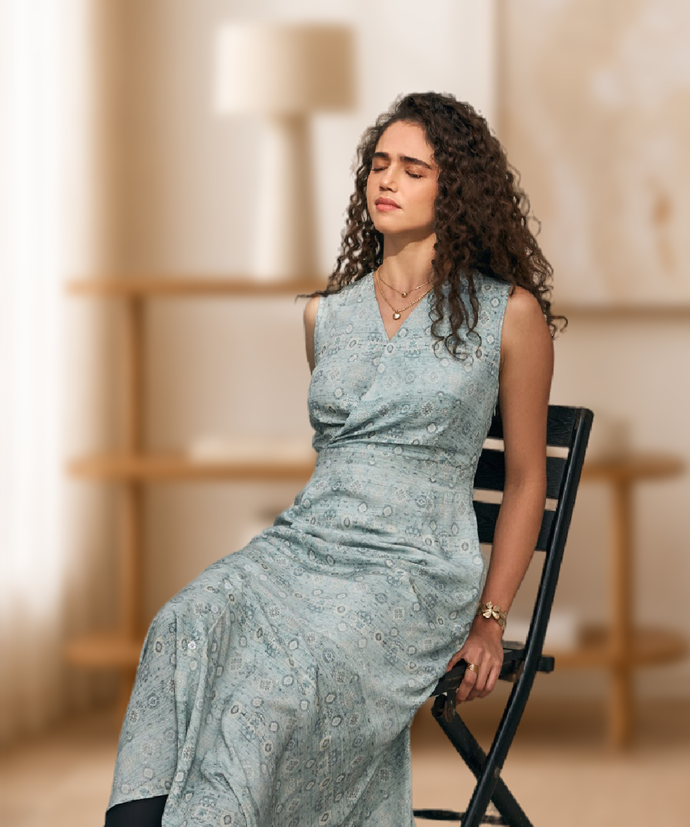 Light Blue Geometric Printed V-Neck Calf length Dress