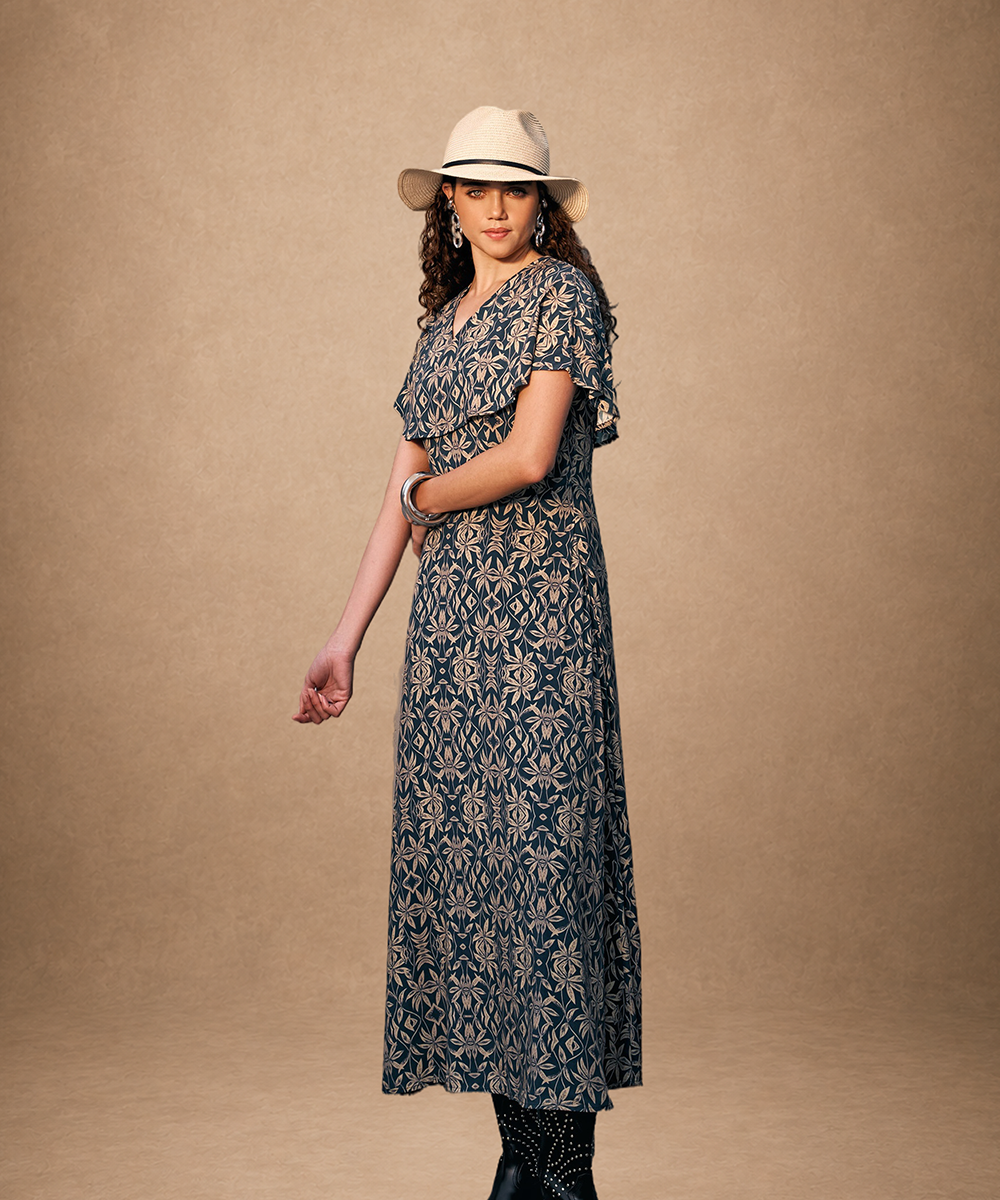 Navy Blue & Brown Floral Printed Maxi Dress
