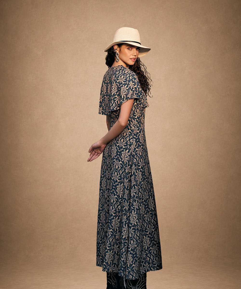 Navy Blue & Brown Floral Printed Maxi Dress