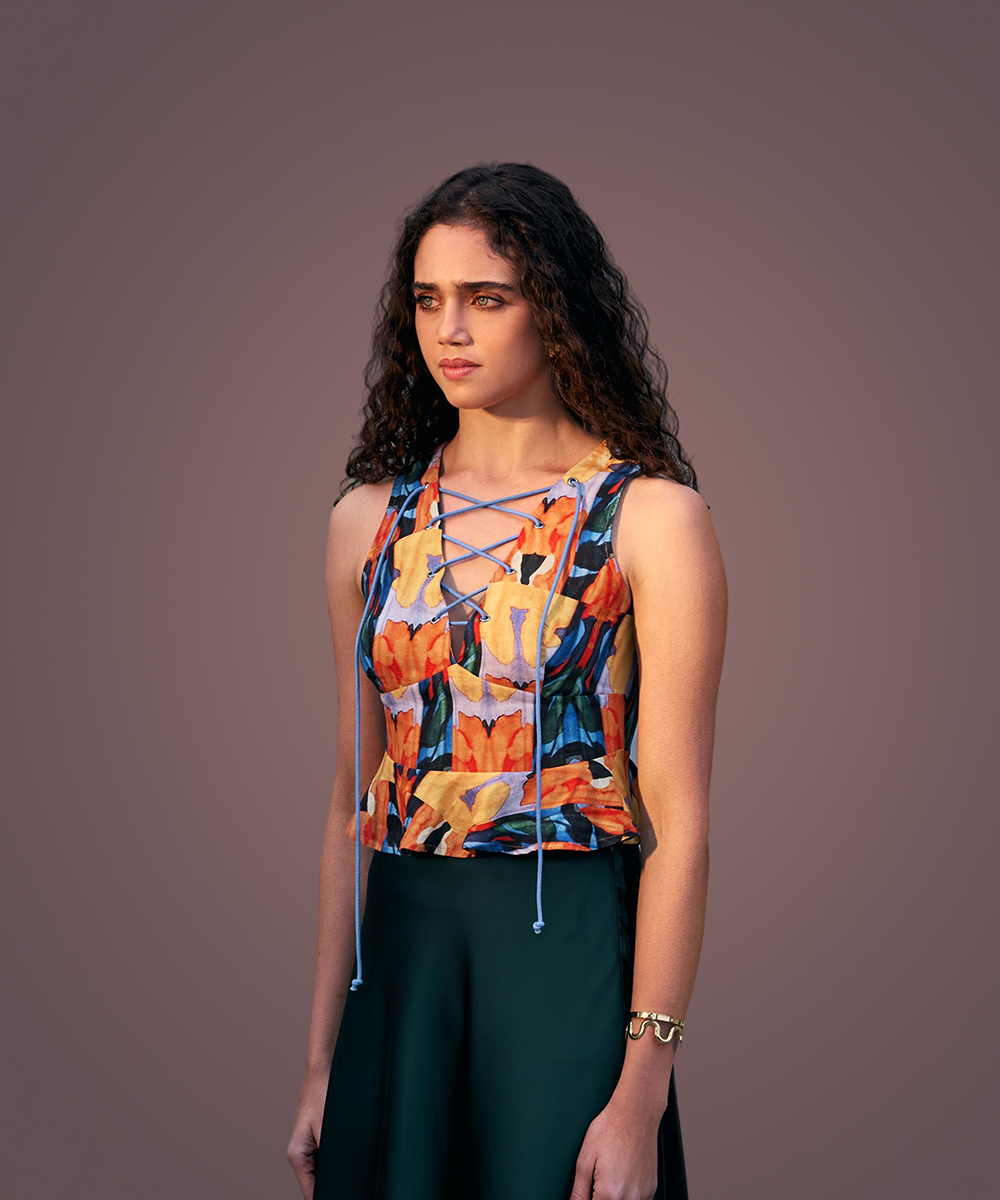 Multicolour Abstract Printed with Tie Up Neck