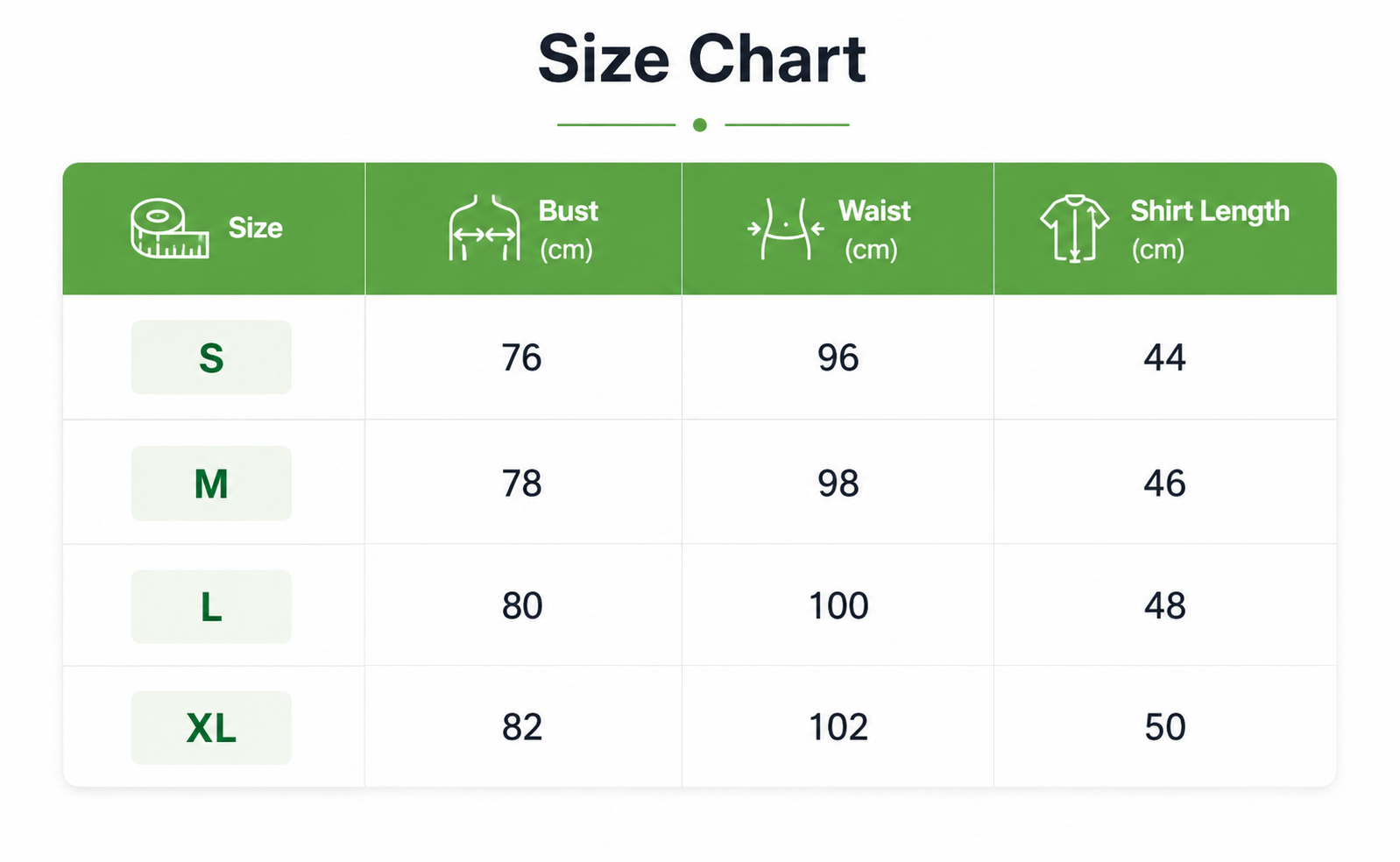 Size chart for VvTi of Women Classic Solid Green Shirt