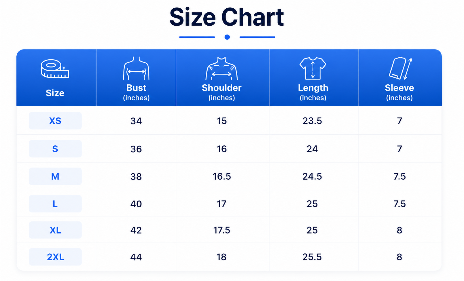 Size chart for Royal Nectar Tee